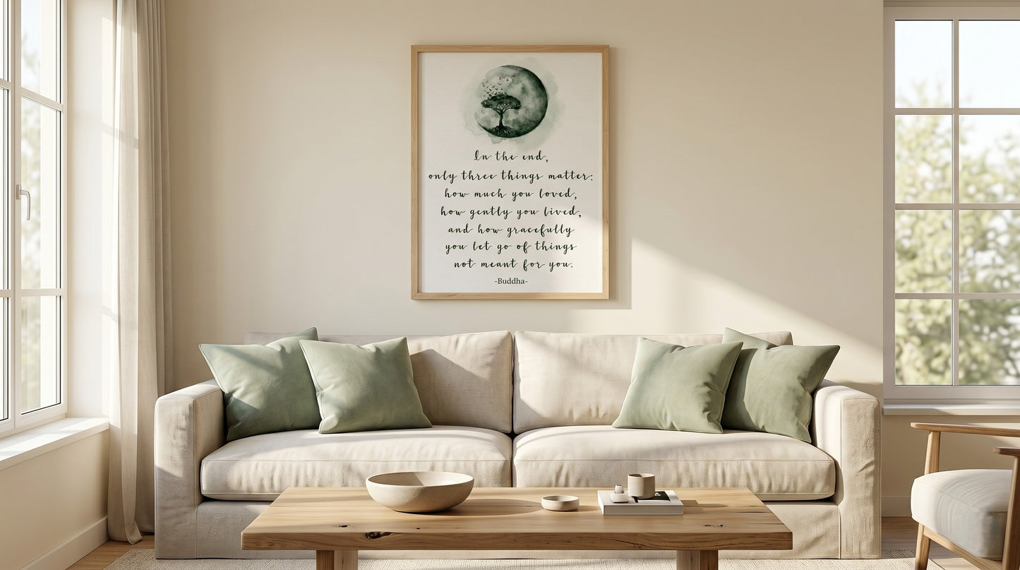 Printable Buddha quote wall art above modern living room couch