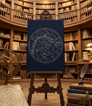 Framed spiritual wall art displayed on a wooden easel inside a grand fantasy library with books, celestial decor, and warm lighting.