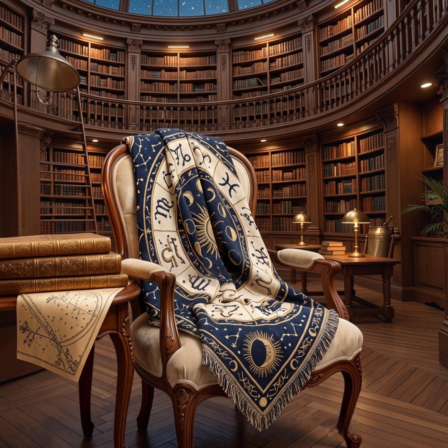 Spiritual home decor featuring a celestial throw blanket displayed in a fantasy-inspired library reading room.