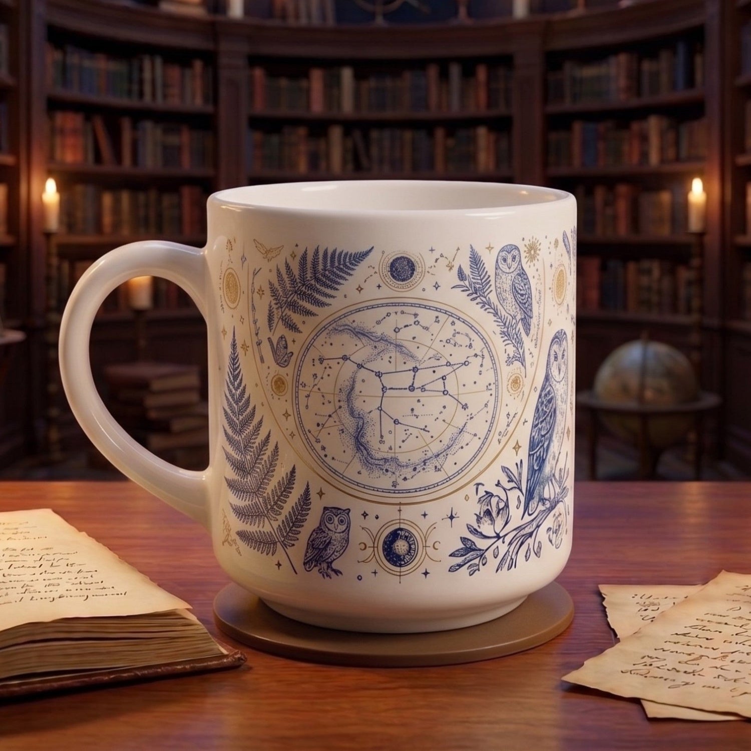 Celestial coffee mug displayed on a wooden reading desk inside a magical library filled with books and warm golden light.