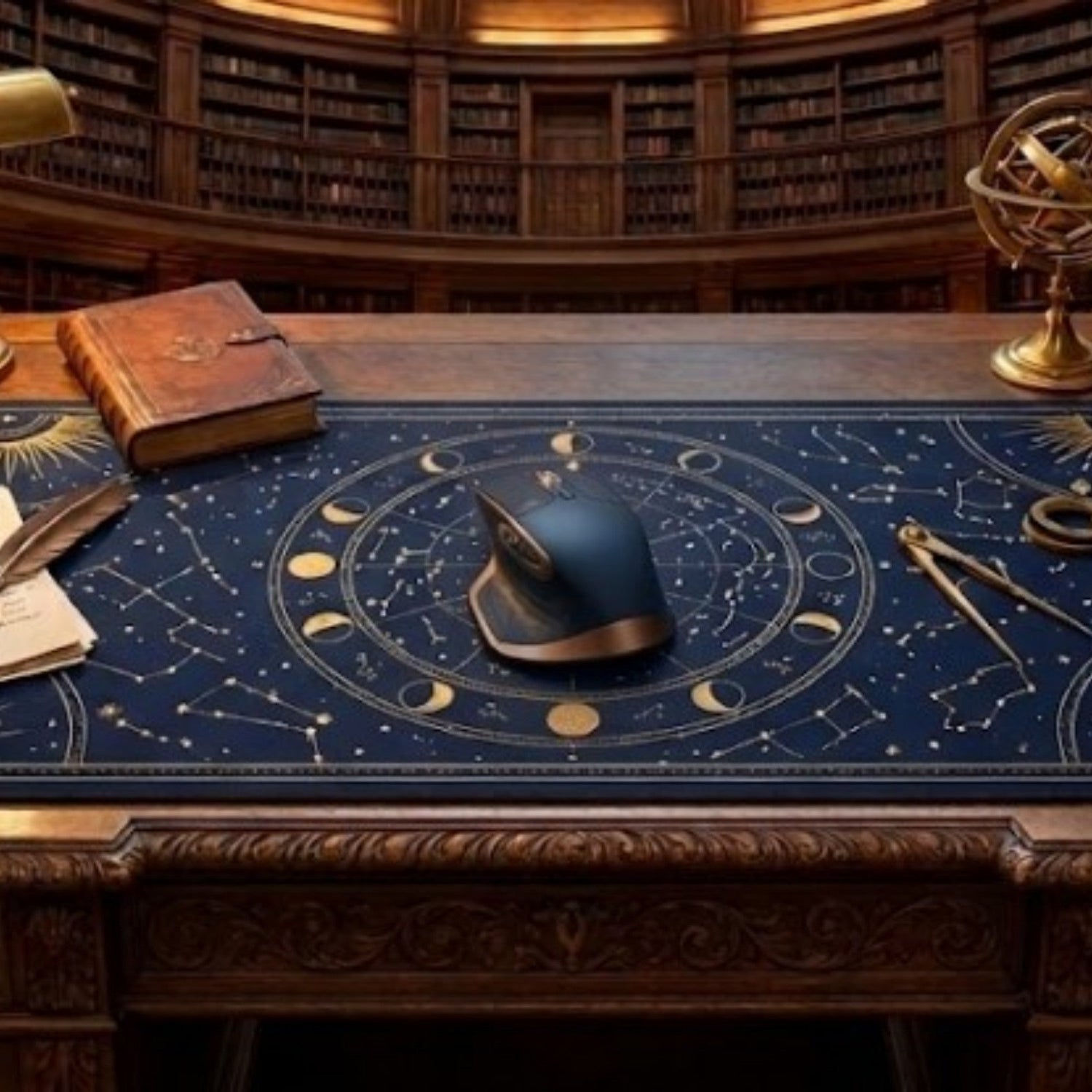 Spiritual desk mat featuring celestial artwork displayed on an antique writing desk inside a grand fantasy library.