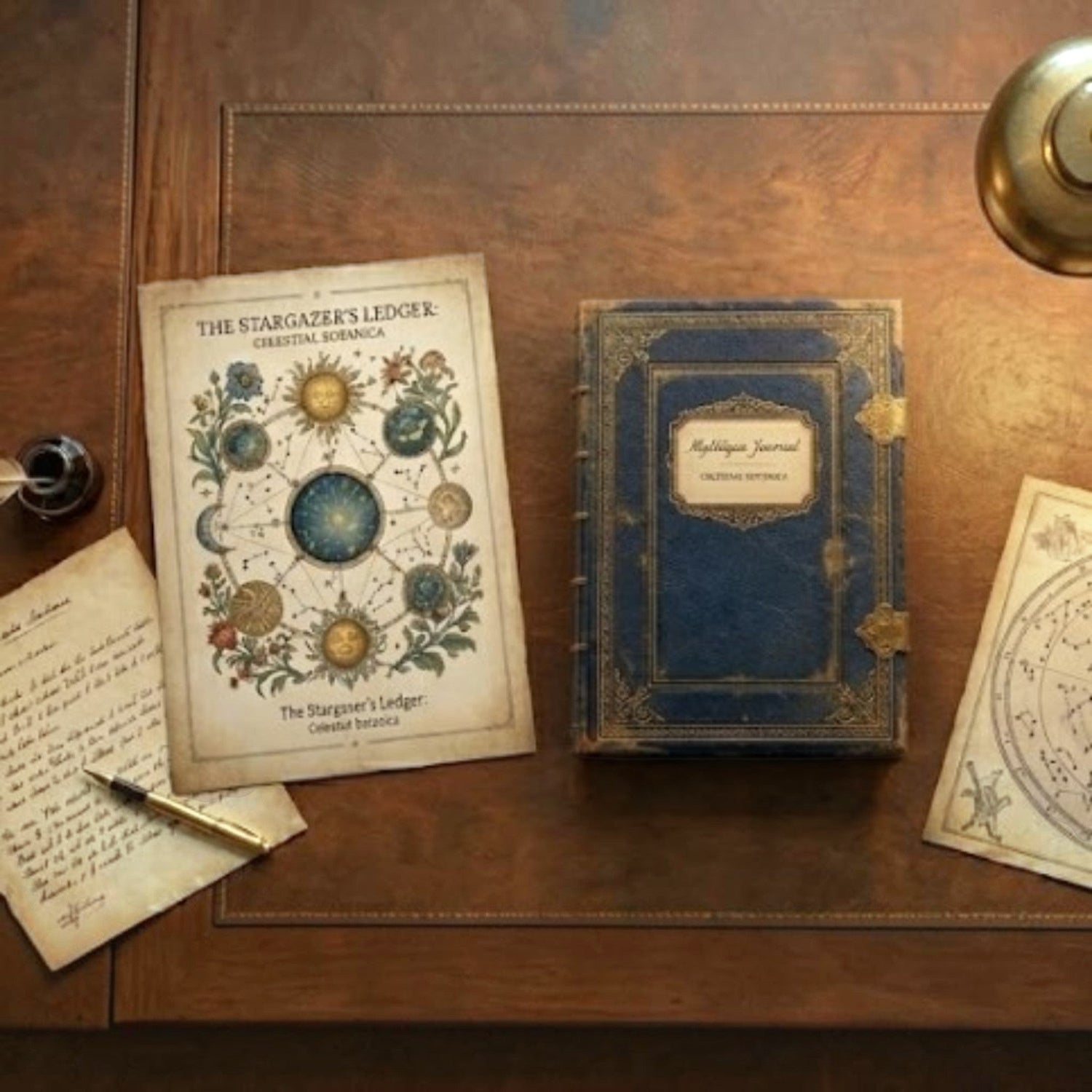 Digital downloads including printable wall art and reading journals displayed on a desk inside a grand fantasy-inspired library.