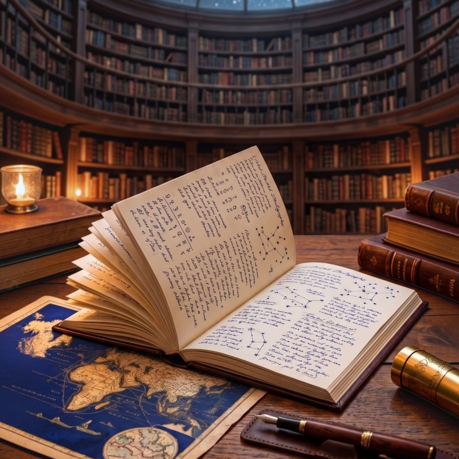 Open journal displayed on a wooden desk inside a magical library surrounded by books, maps, and warm golden light.