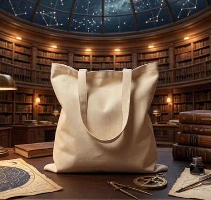 Spiritual tote bag featuring a minimalist design displayed in a fantasy-inspired library with books, maps, and celestial decor.
