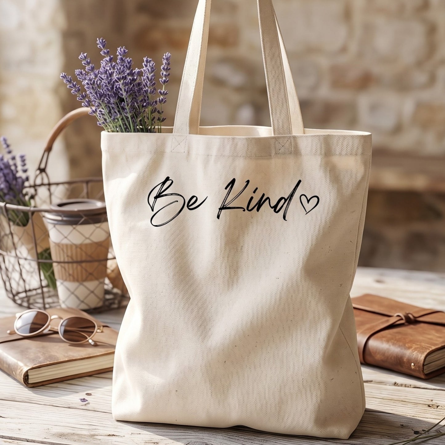 Minimalist Be Kind Tote Bag with Heart | Double-Sided Canvas Market Bag