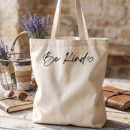 Minimalist Be Kind Tote Bag with Heart | Double-Sided Canvas Market Bag