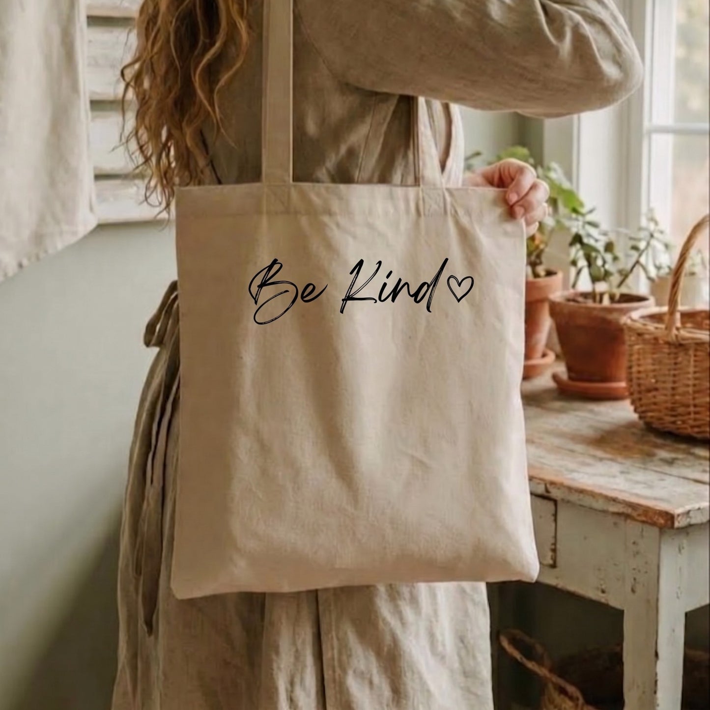 Minimalist Be Kind Tote Bag with Heart | Double-Sided Canvas Market Bag