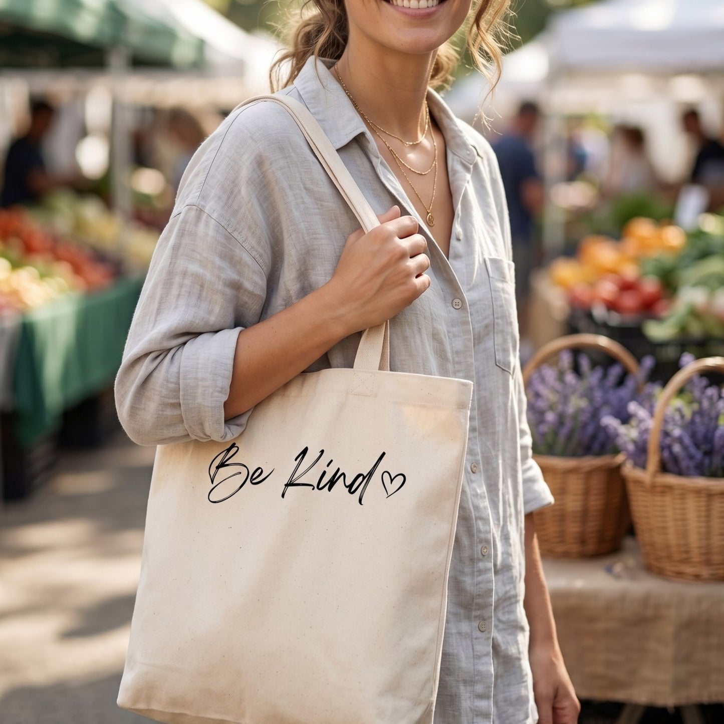 Minimalist Be Kind Tote Bag with Heart | Double-Sided Canvas Market Bag