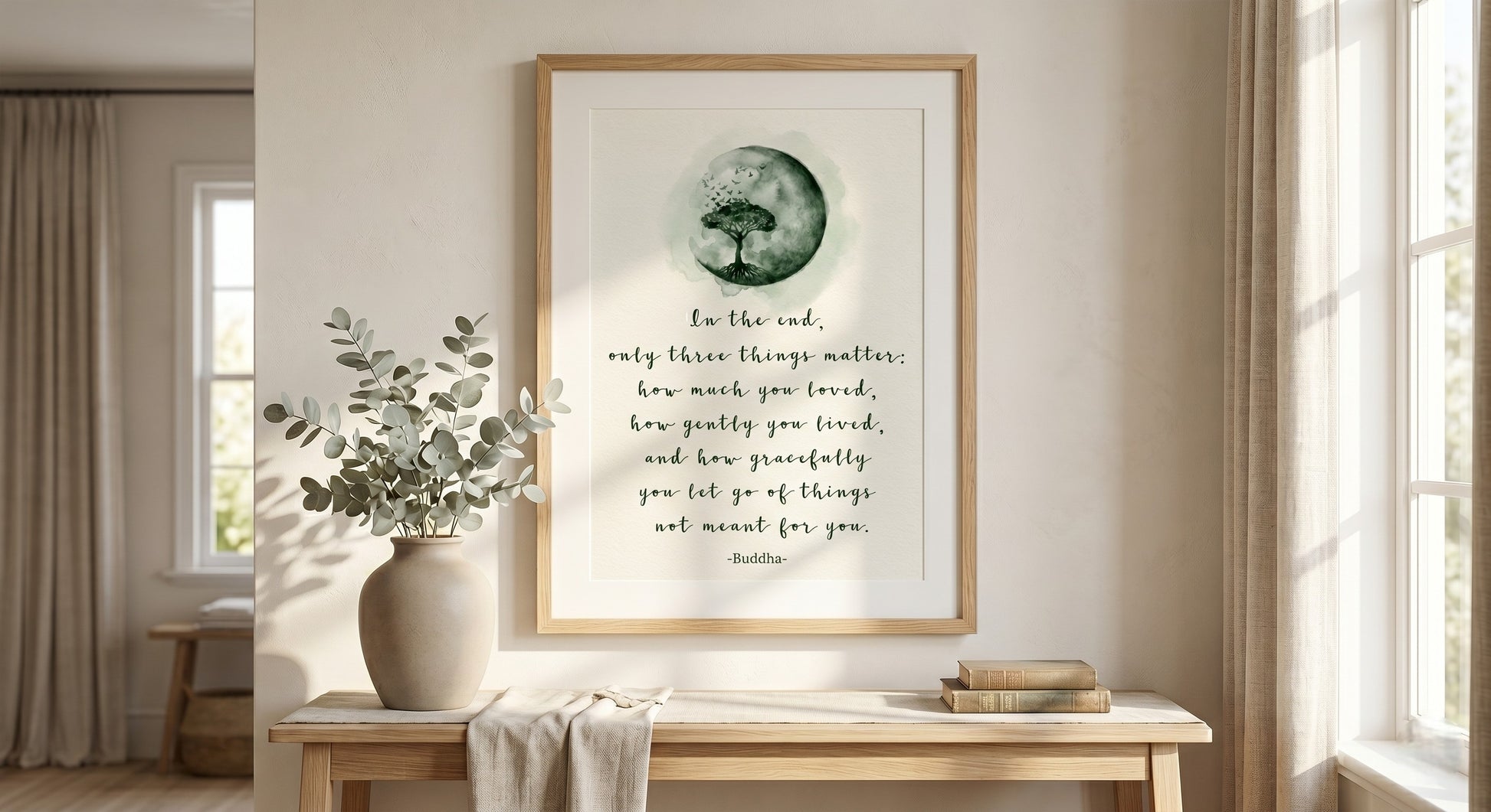 Buddha quote printable wall art digital download displayed in modern living room