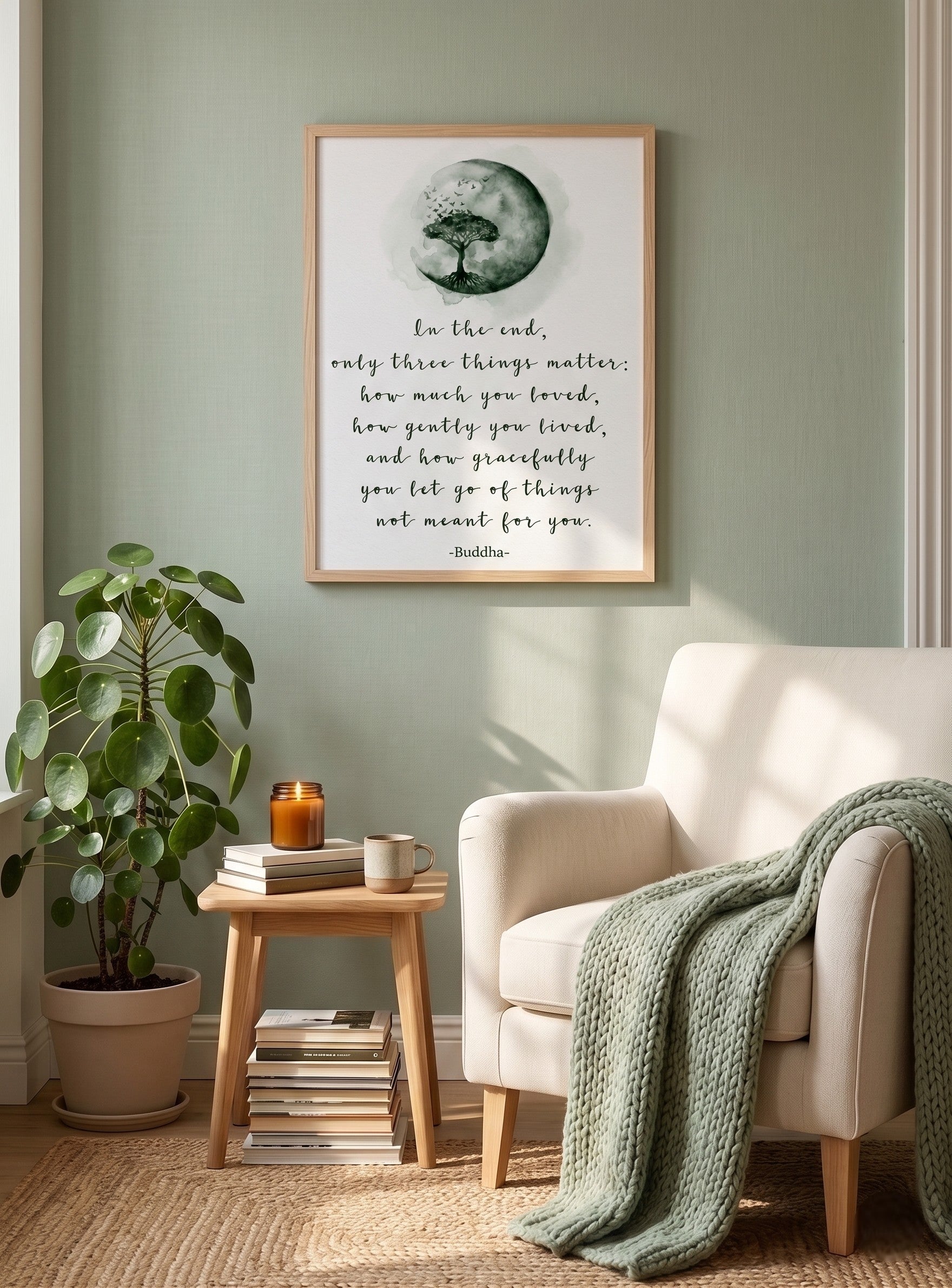 Buddha quote printable wall art digital download displayed in modern living room