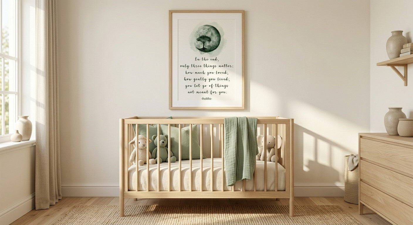Buddha quote printable wall art displayed above crib in neutral nursery